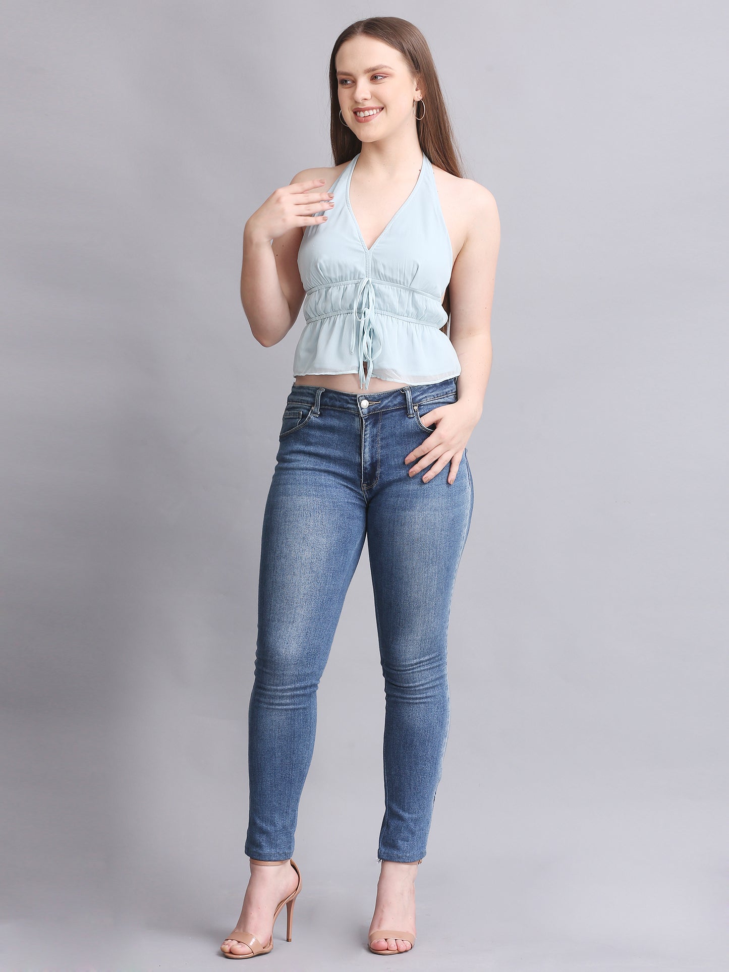 ICE BLUE HALTER NECK CROP TIE TOP