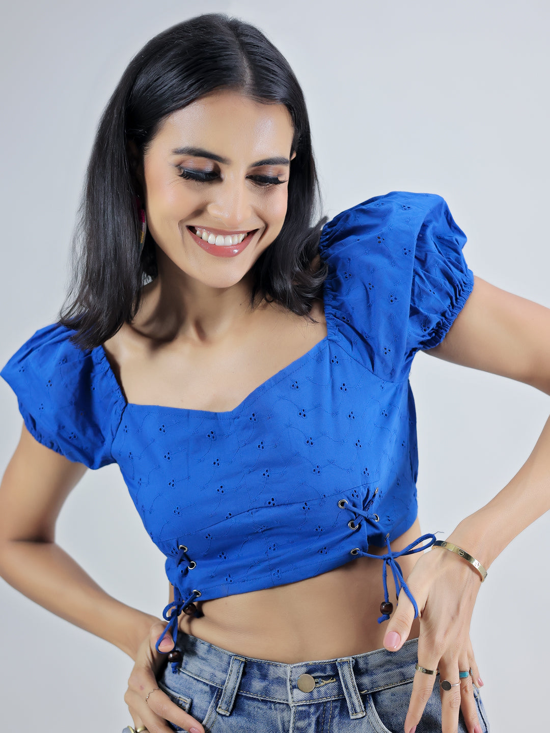 BLUE SCHIFFLI PUFF SLEEVE CROP TOP