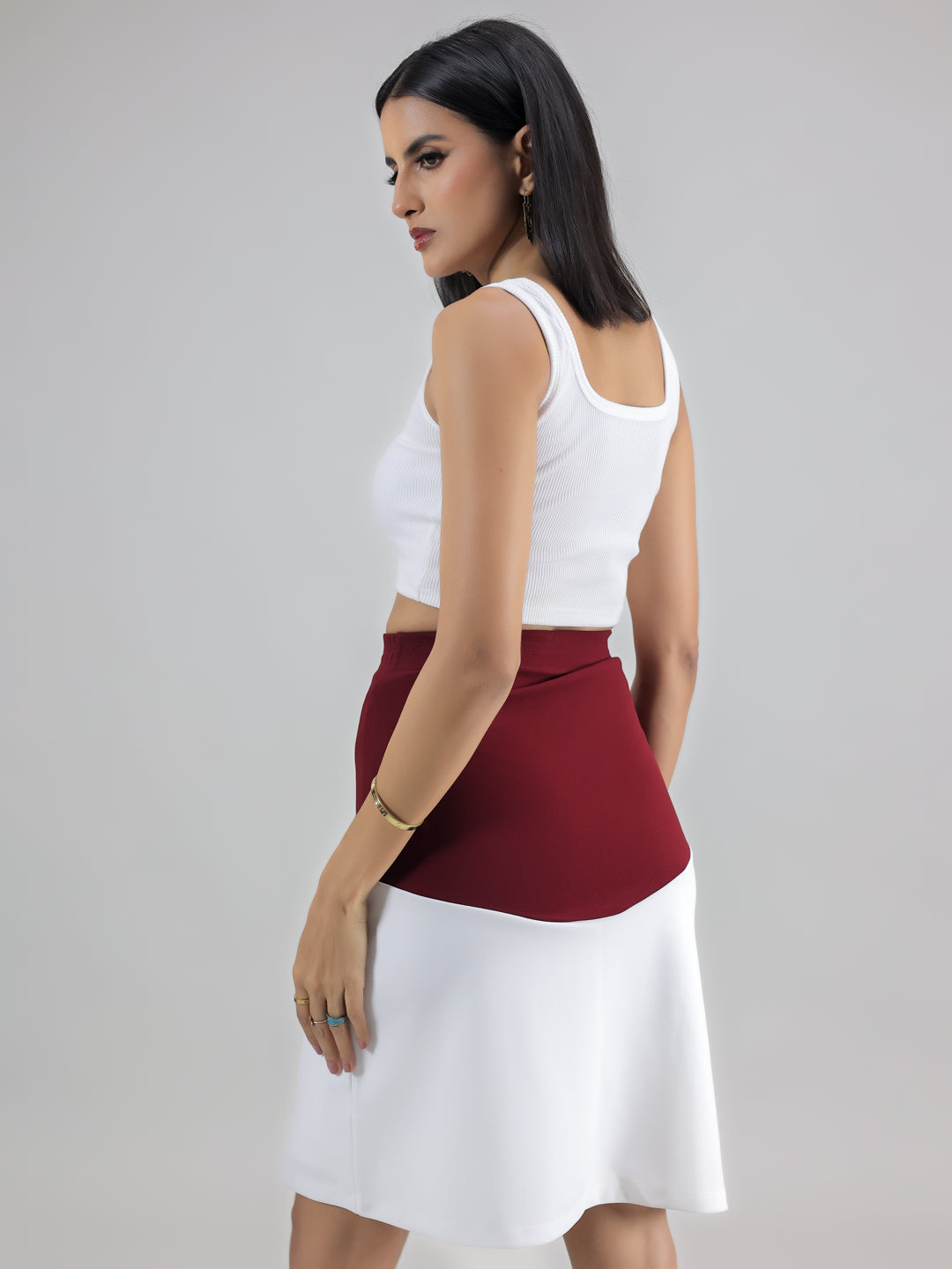 White Maroon Slit Skirt