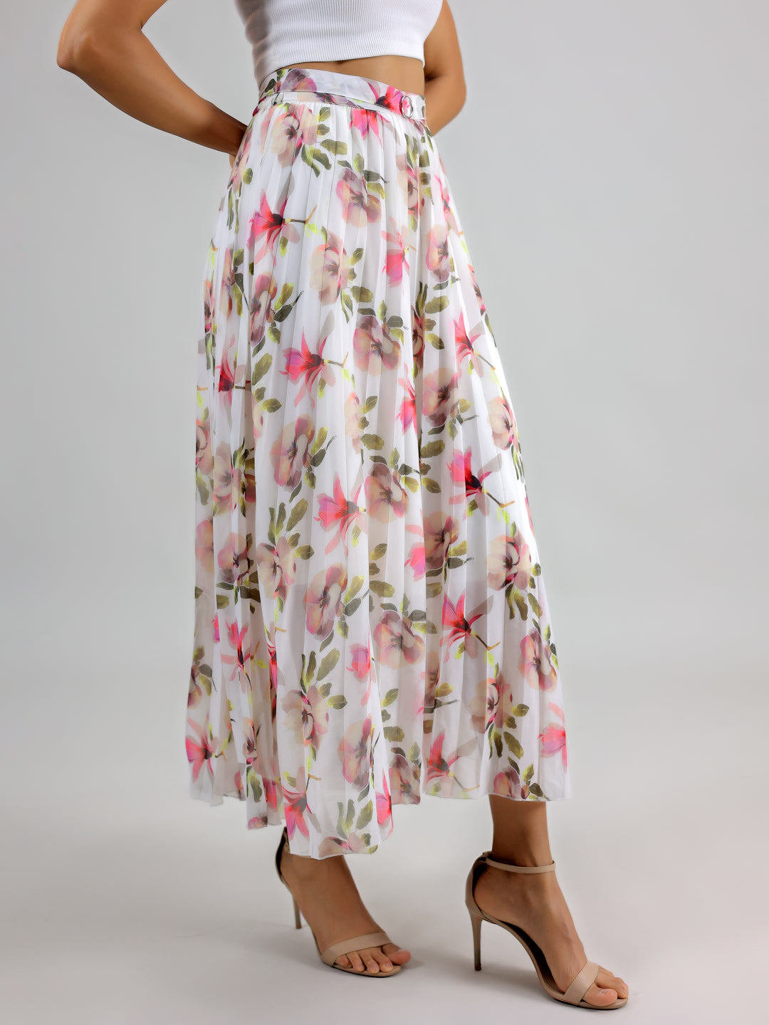 WHITE PRINTED PLATED SKIRT