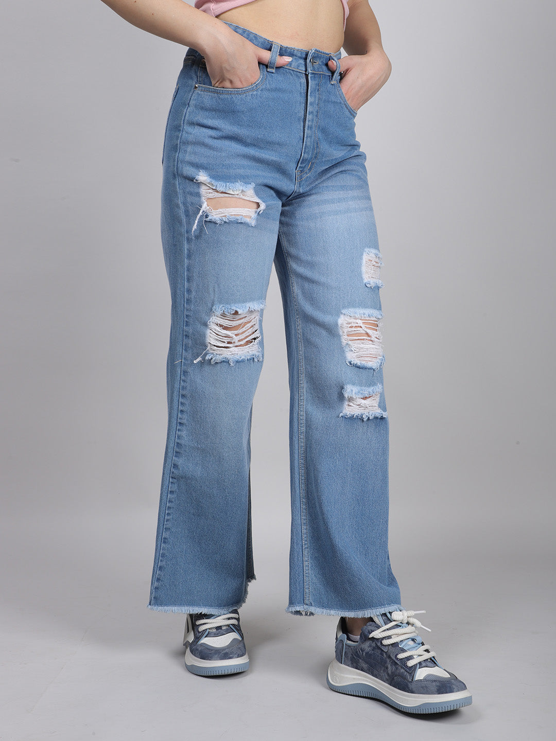 BLUE STRAIGHT FIT CUT-OUT RIPPED DENIM JEANS - Main Image