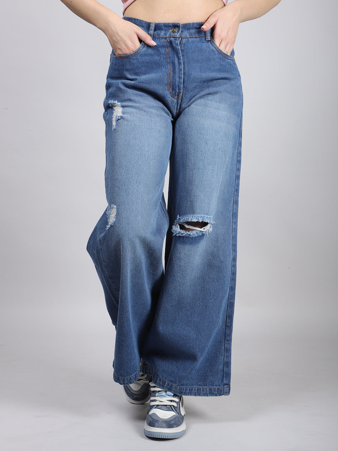 Blue Straight Fit Ripped Denim Jeans