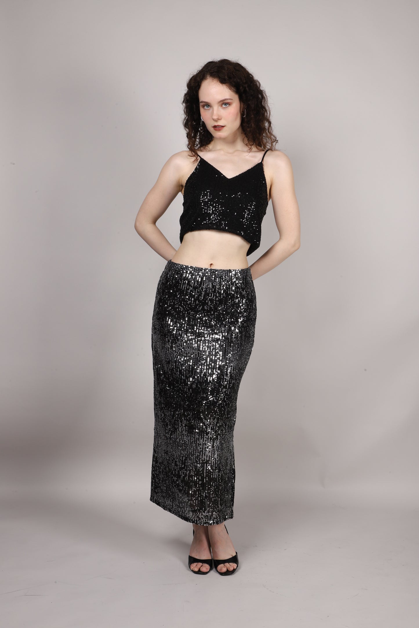 Black Sequins Side Slit Skirt