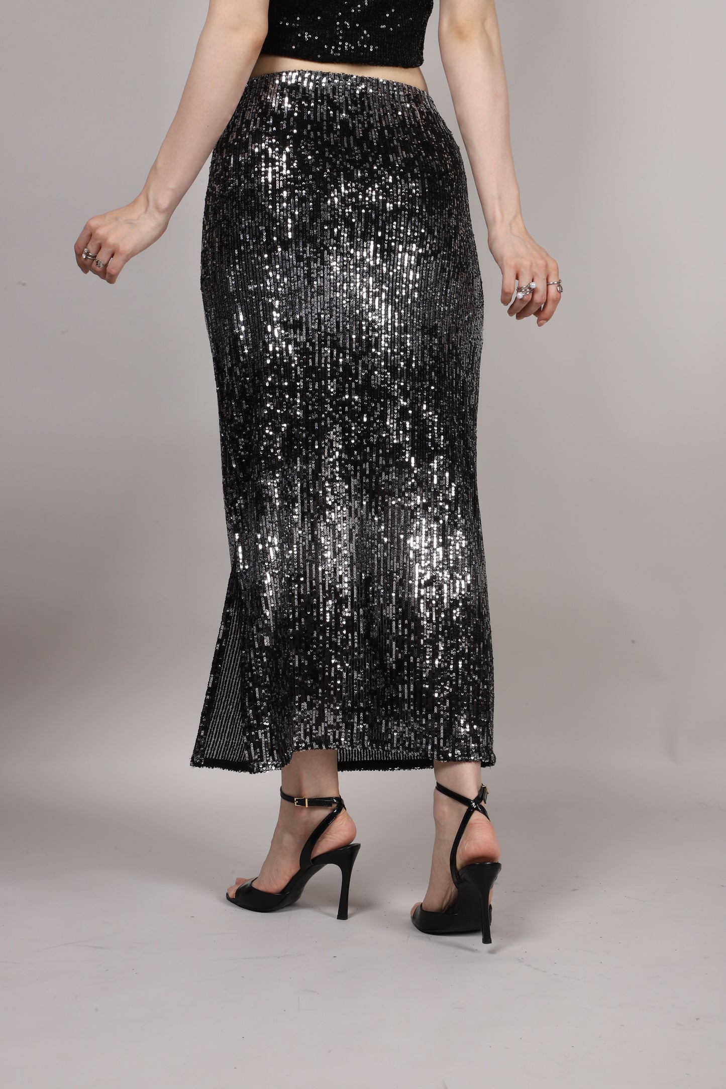 Black Sequins Side Slit Skirt