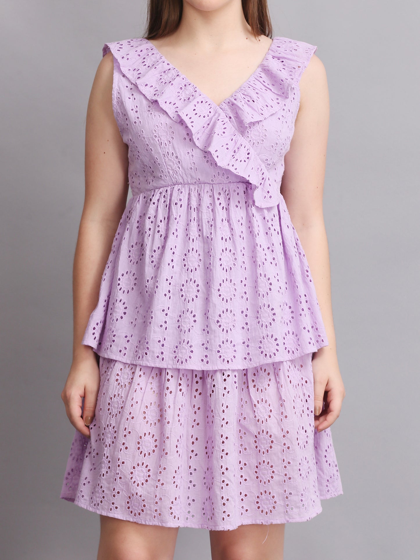 LAVENDER SCHIFFLI BACK KNOT MINI DRESS