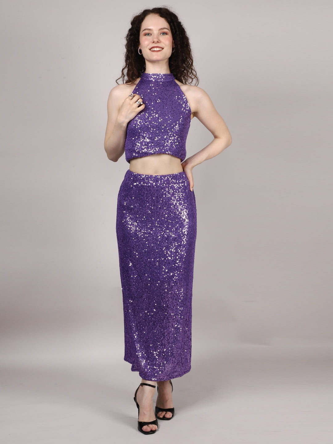 Purple Sequins Side Slit Skirt