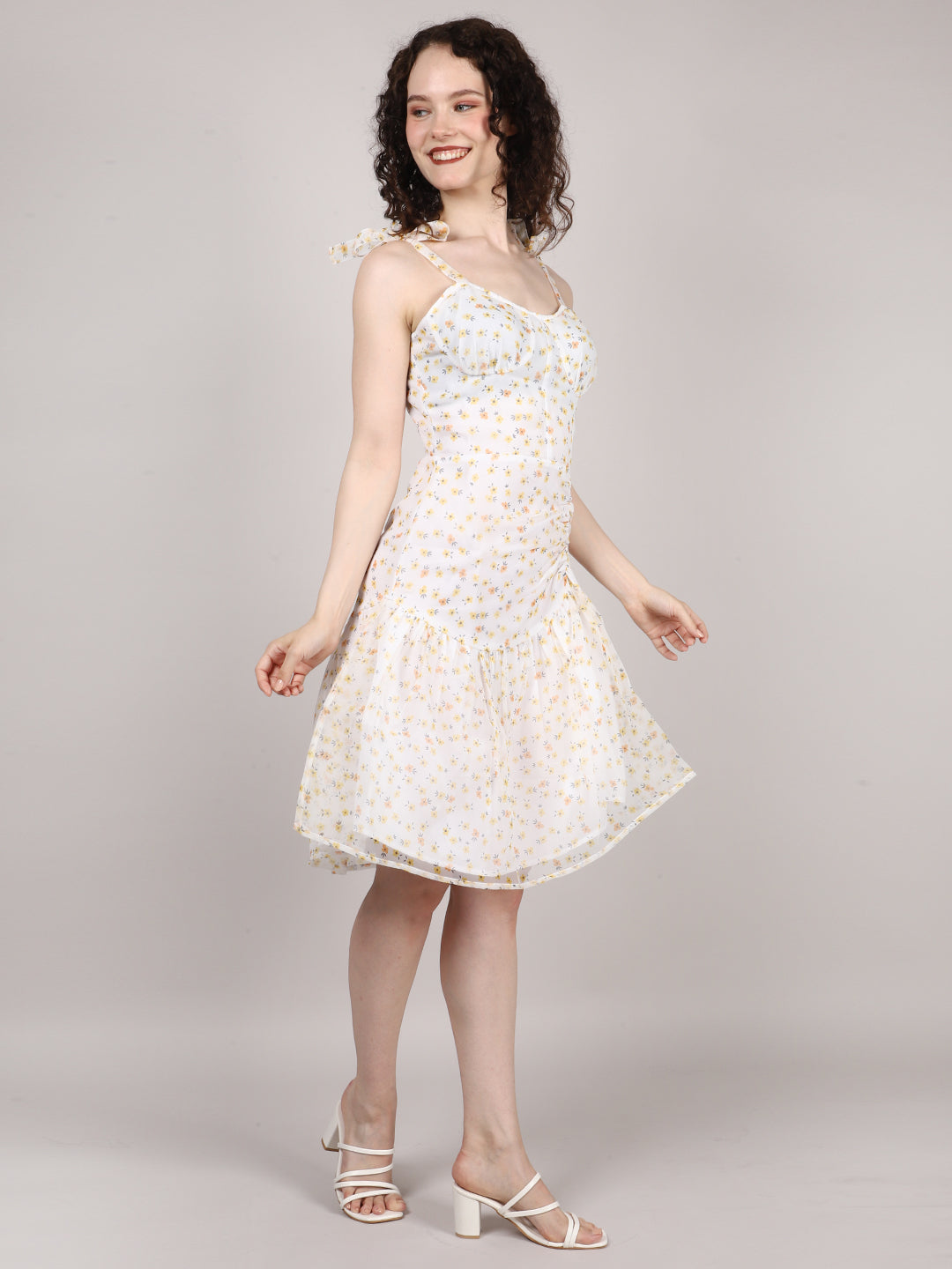 White Ditsy Print Organza Mini Dress