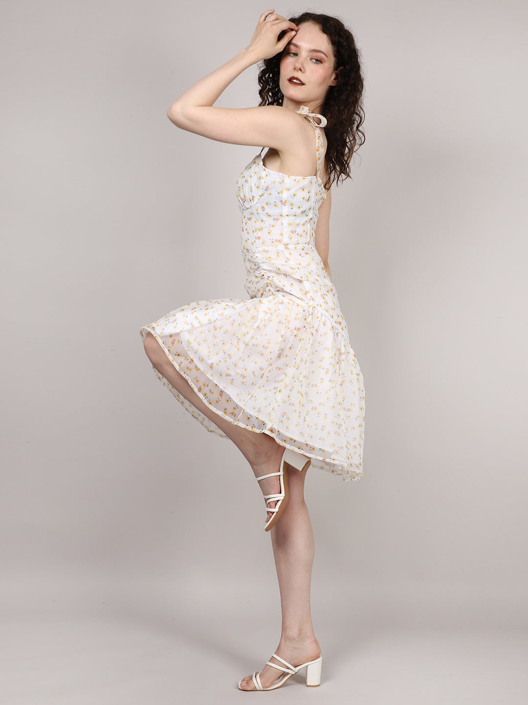 White Ditsy Print Organza Mini Dress