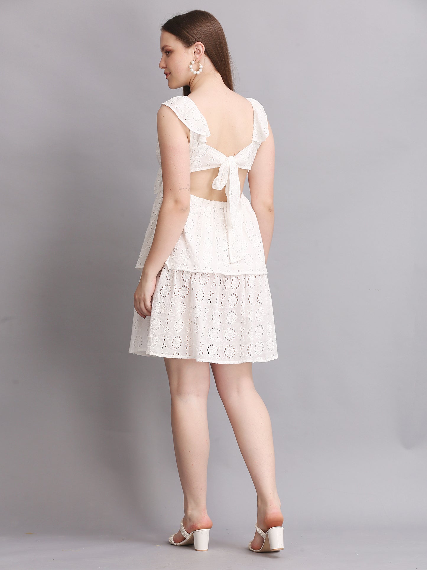 White Schiffli Back Knot Mini Dress