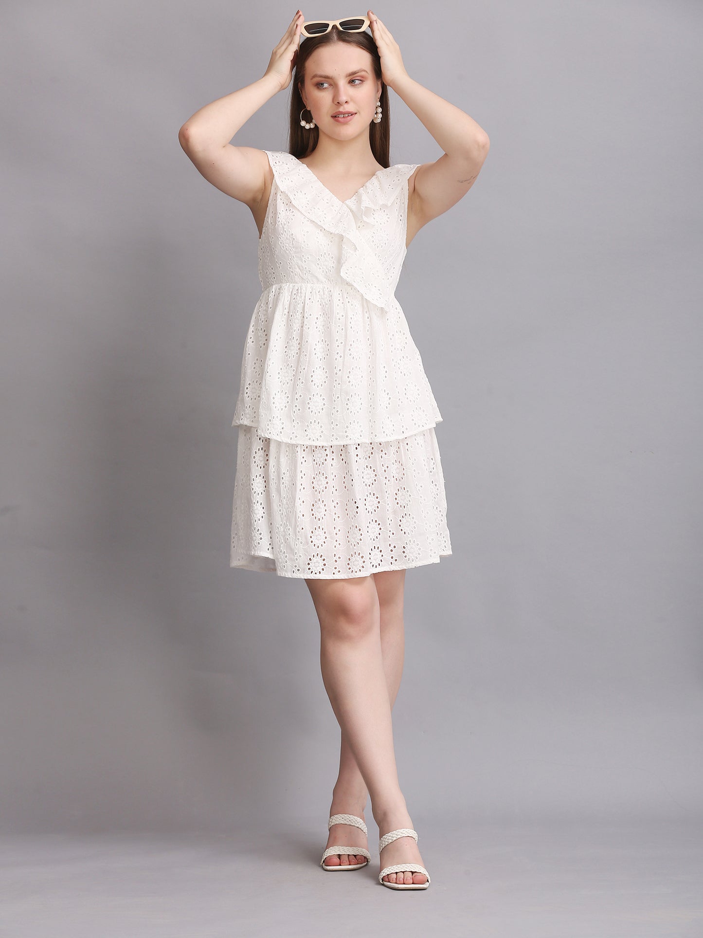 White Schiffli Back Knot Mini Dress