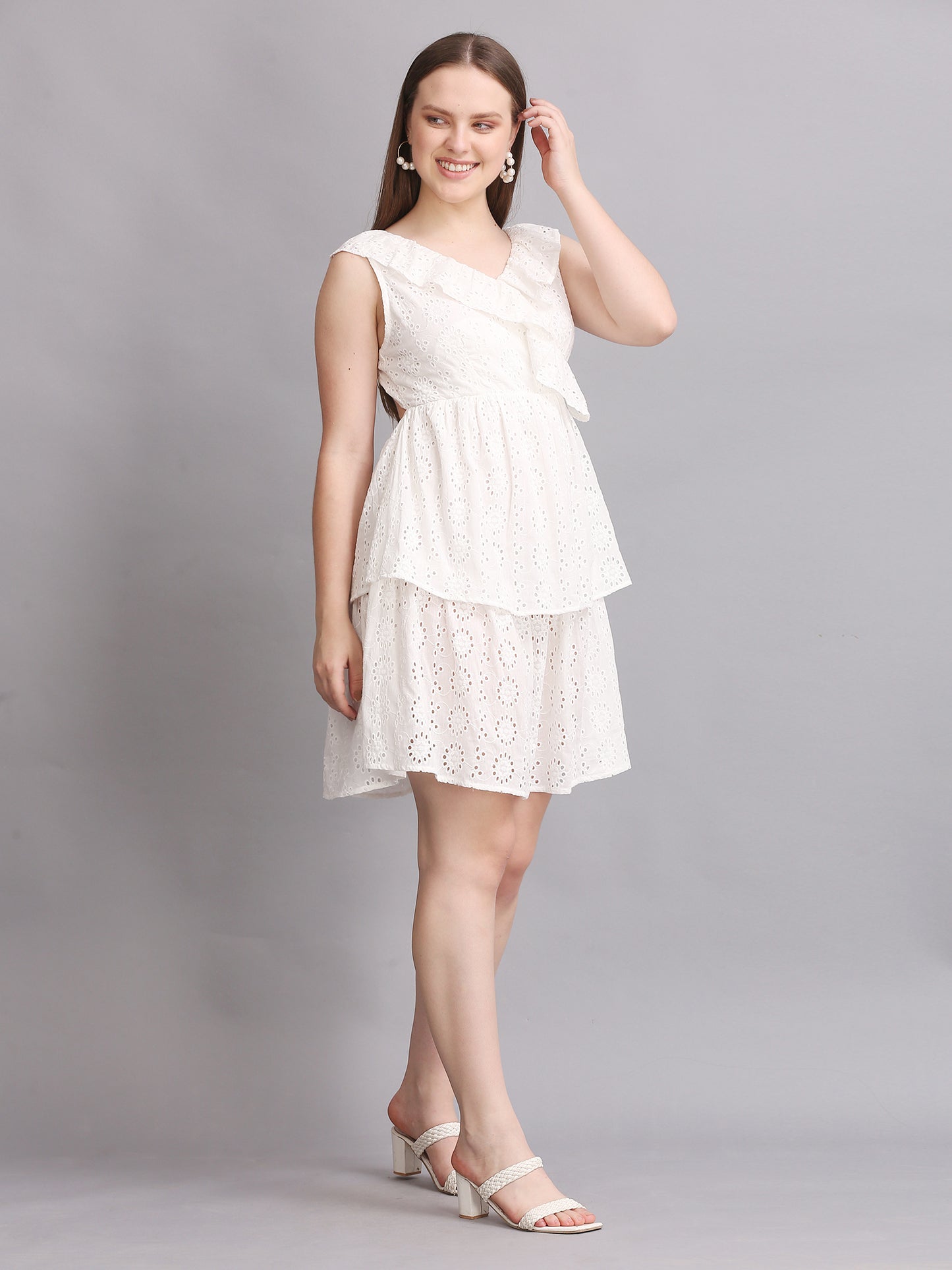 White Schiffli Back Knot Mini Dress