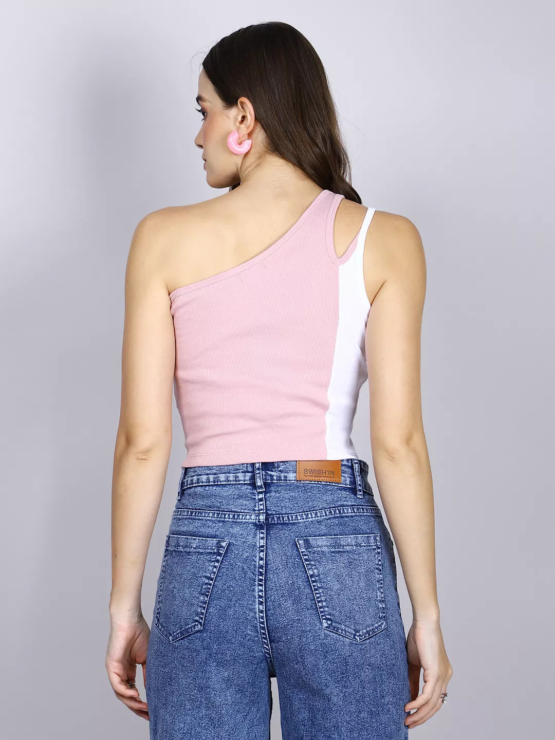 Pink And White One Shoulder Crop Top