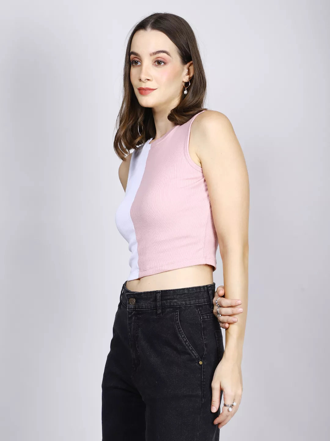 Pink And White Color Block Tank Top