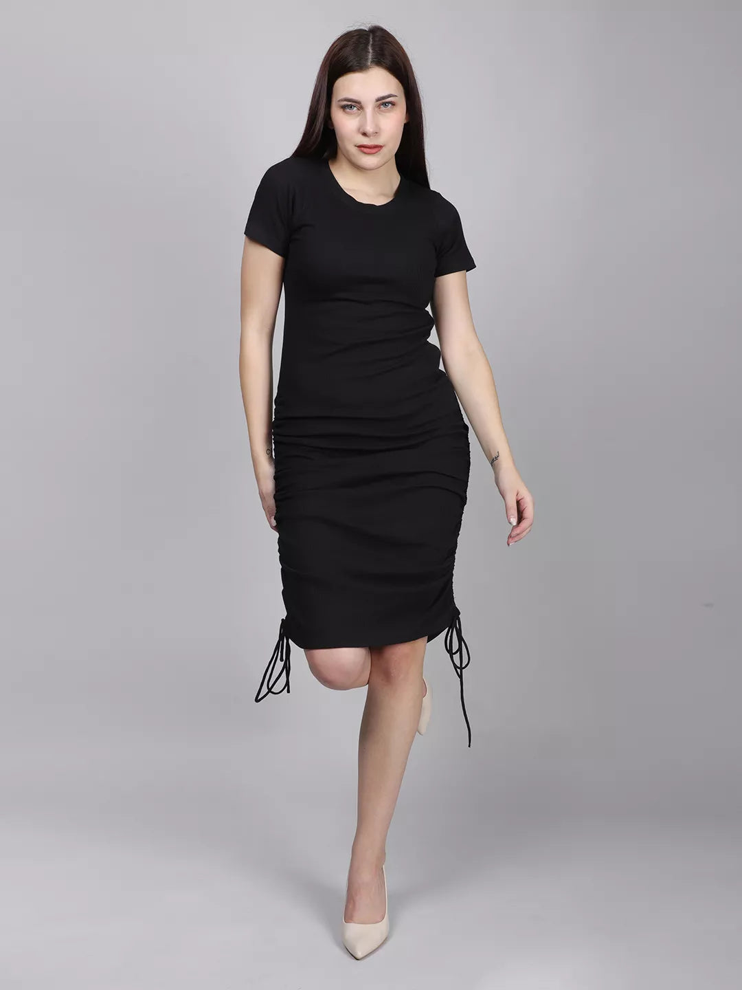 Black Rib Rouched Dress