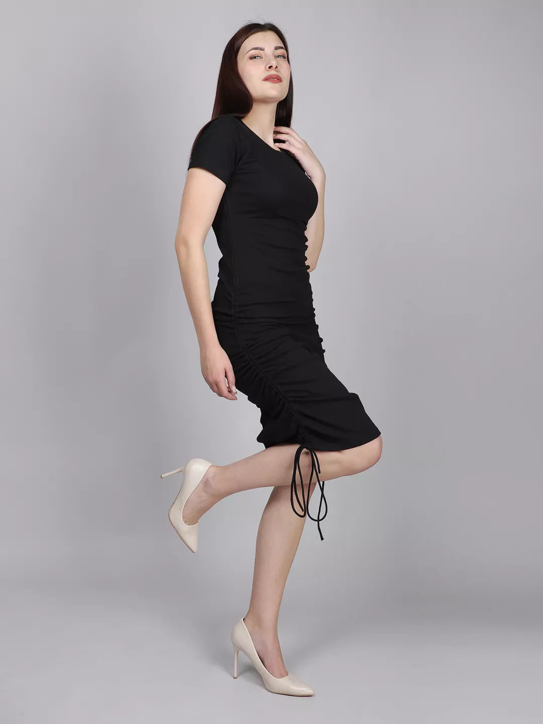 Black Rib Rouched Dress