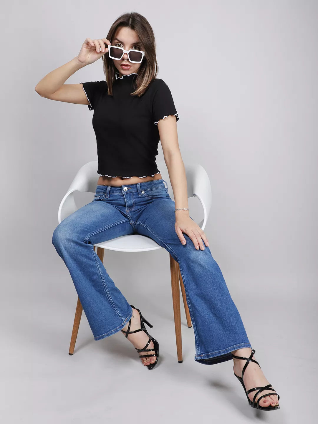 Black Half Sleeve Rib Crop Top