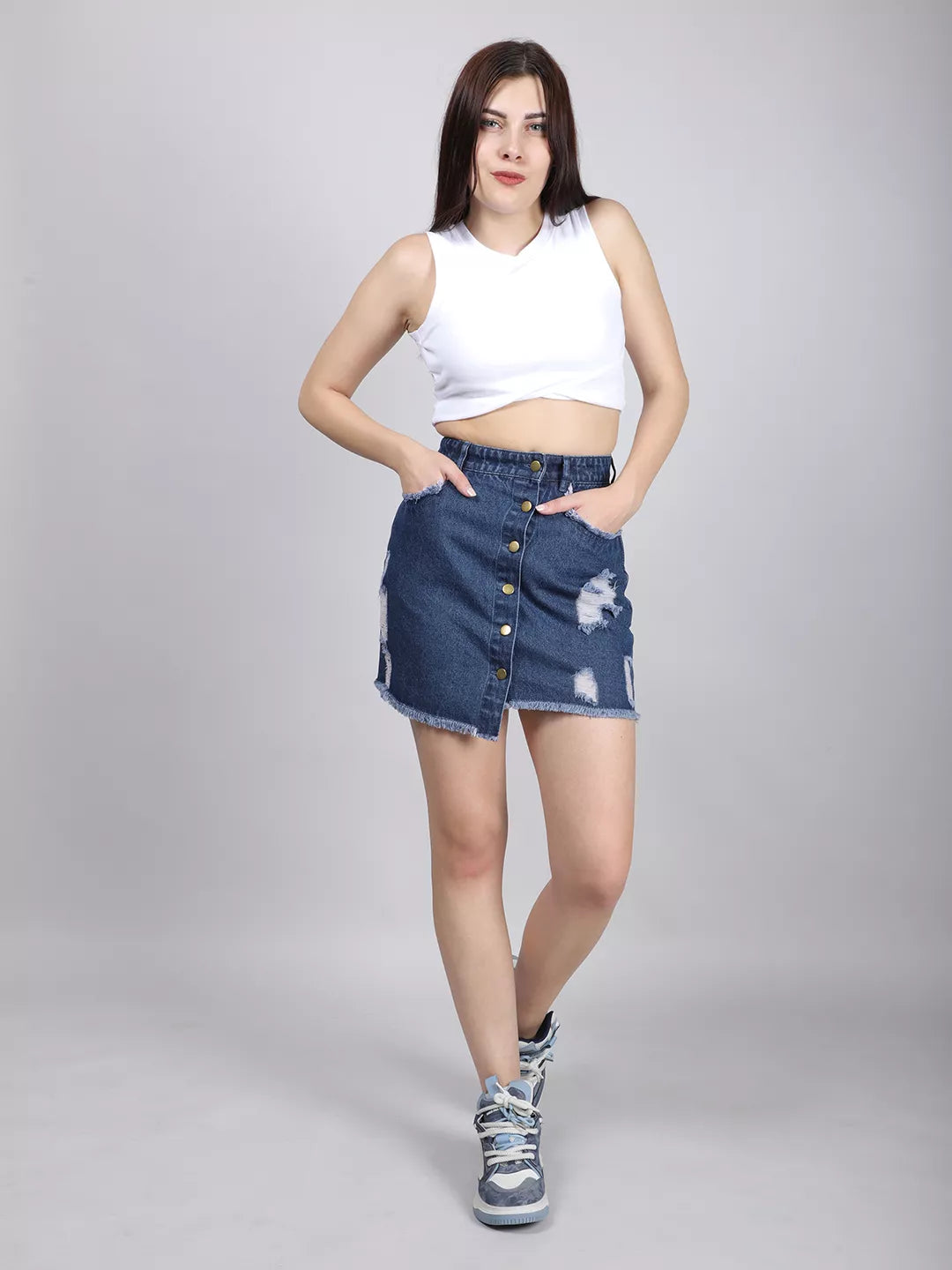 Front Button Rugged Blue Mini Skirt