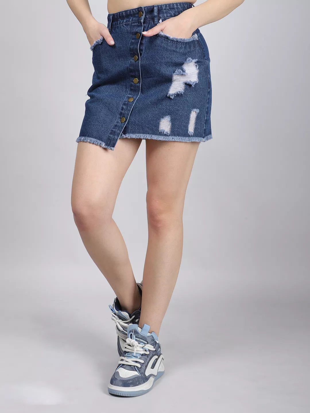 Front Button Rugged Blue Mini Skirt