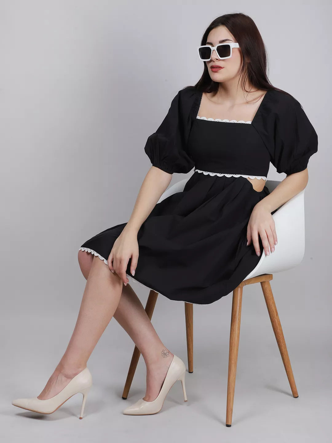 Black Waist Cut Out Lace Dress