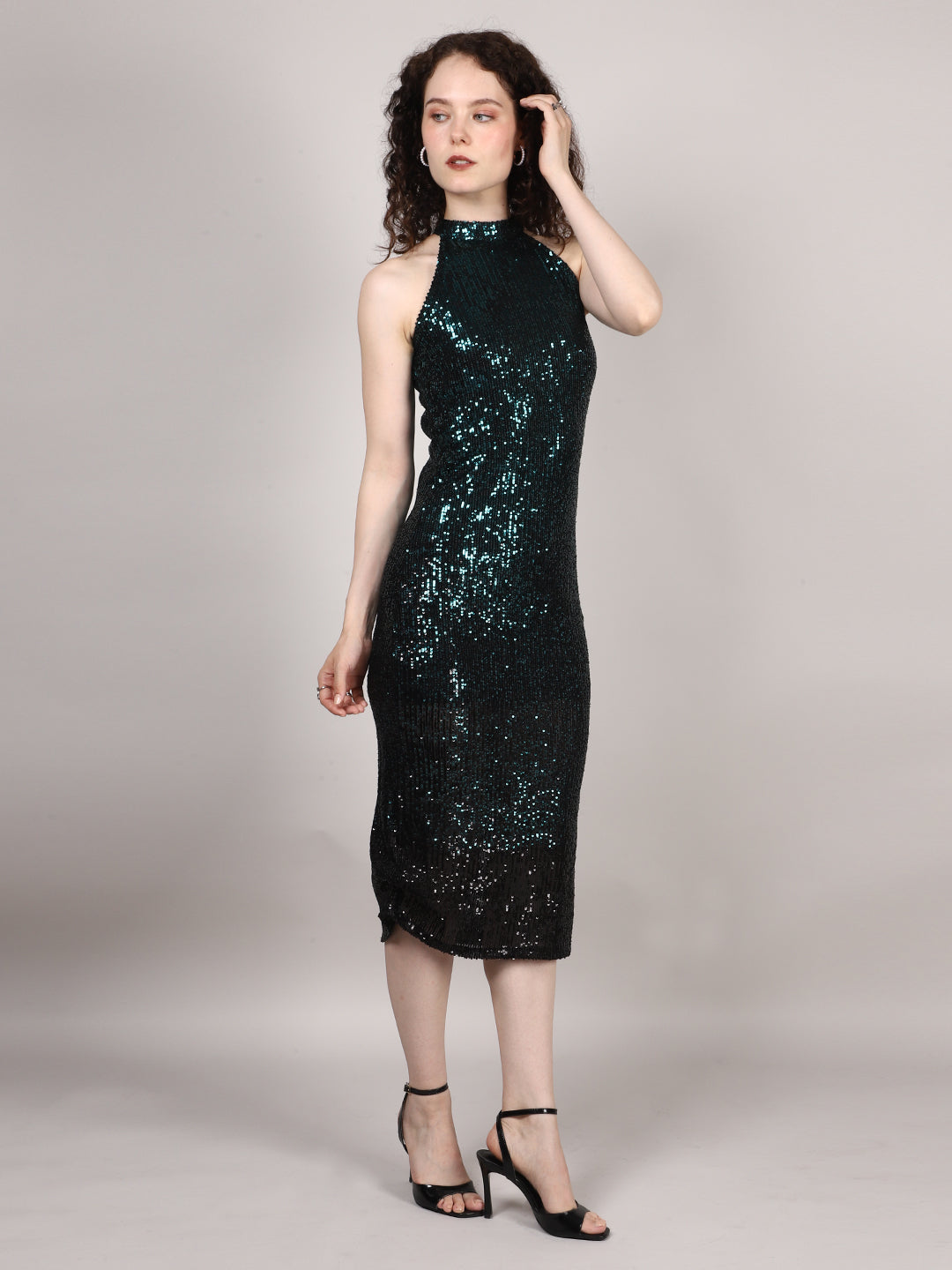 Black And Green Sequins Halter Neck Midi Dress