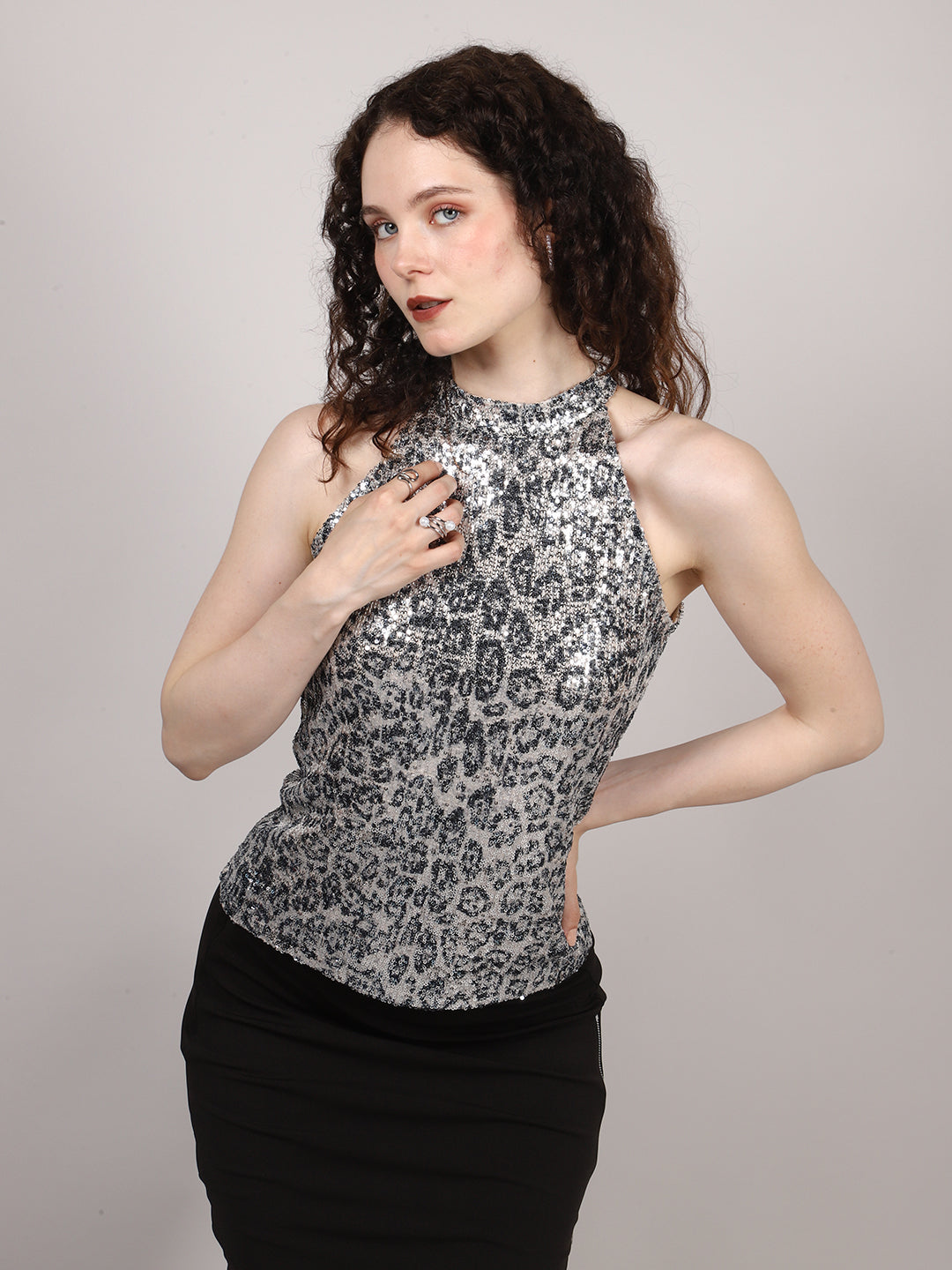 BLACK PRINTED SEQUINS HALTER NECK TOP