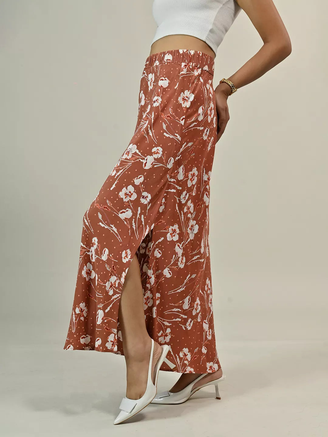 Brown Printed Side Slit Skirt