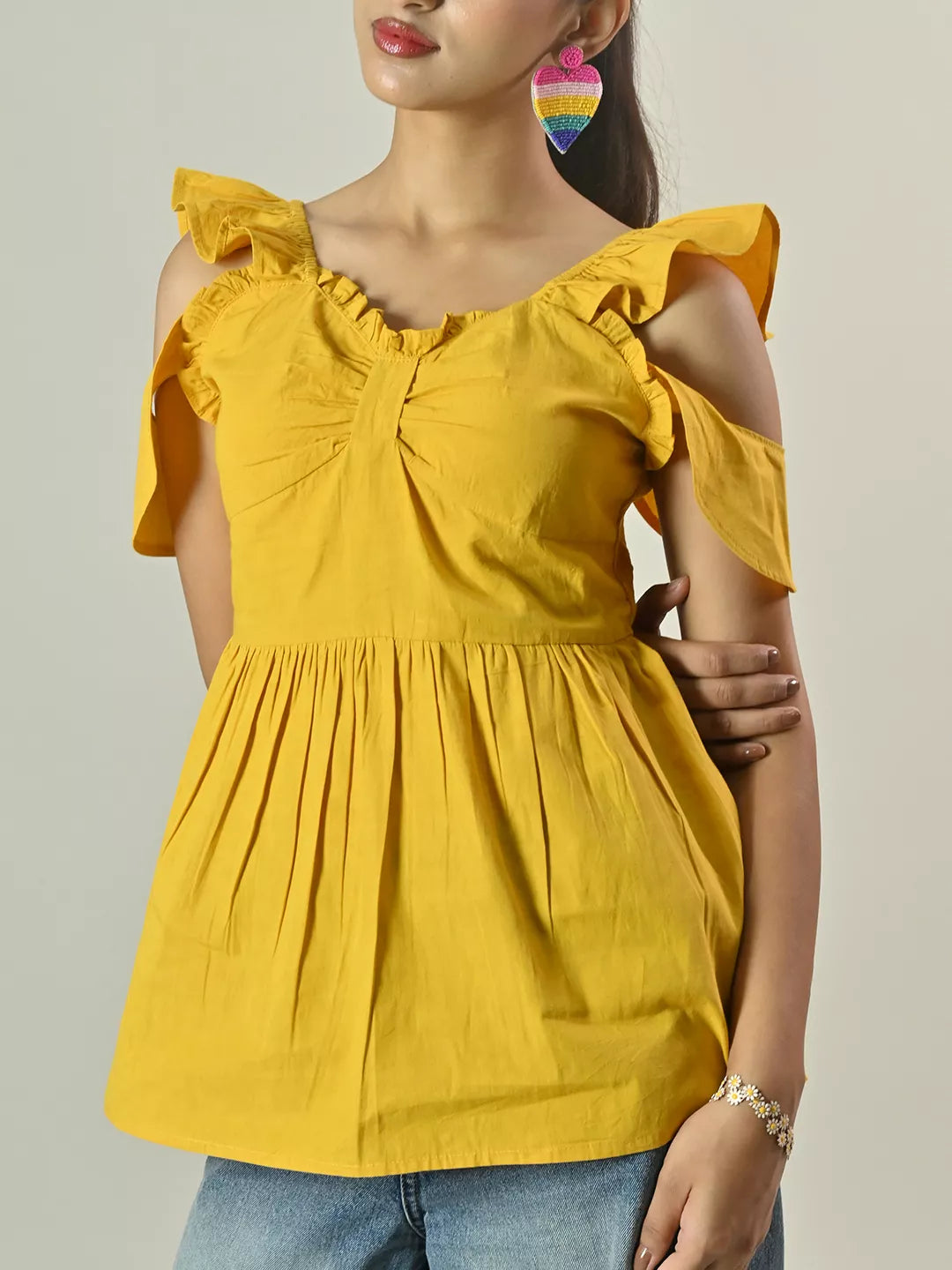 Yellow Frill Sleeve Peplum Top