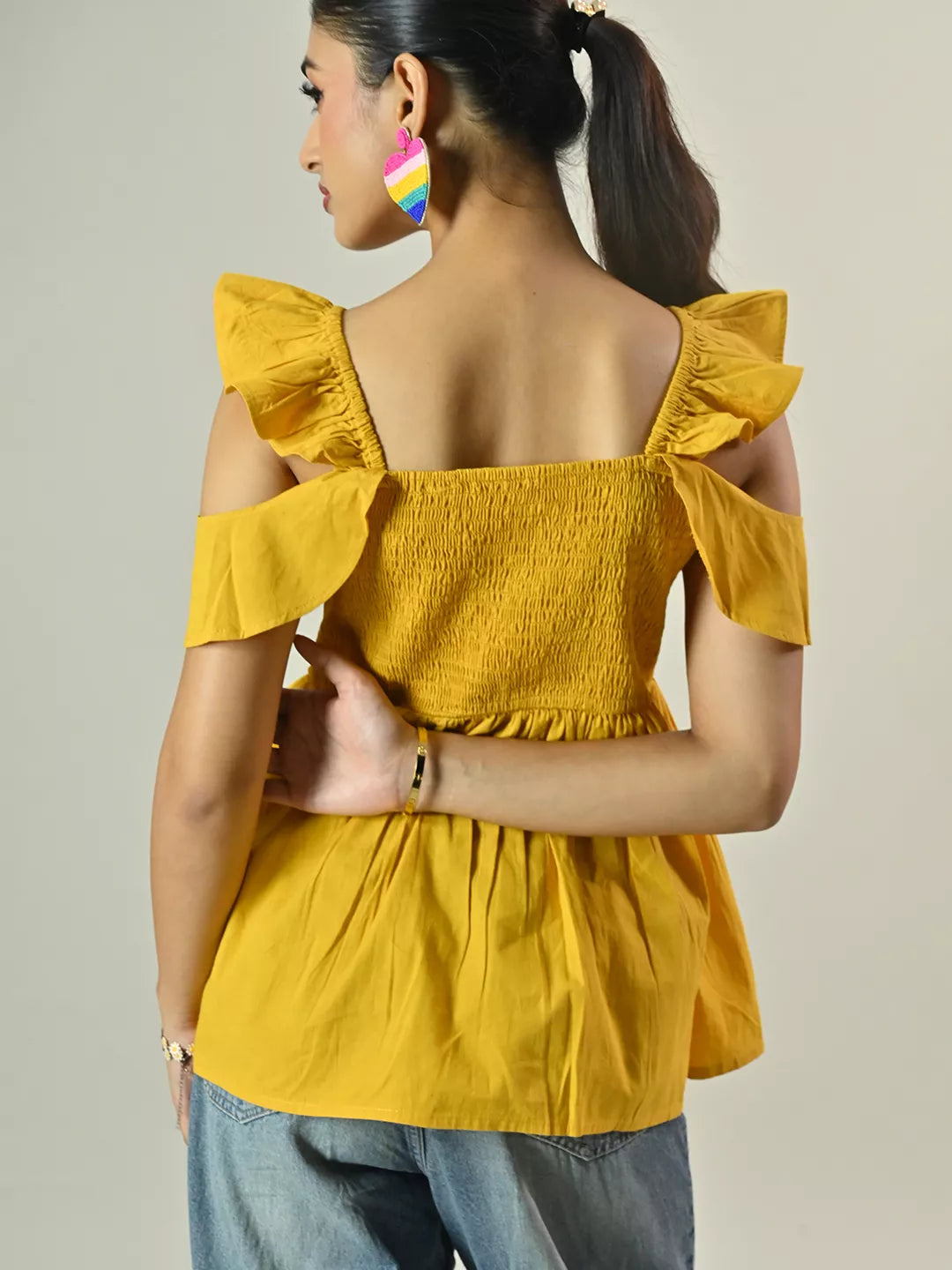 Yellow Frill Sleeve Peplum Top