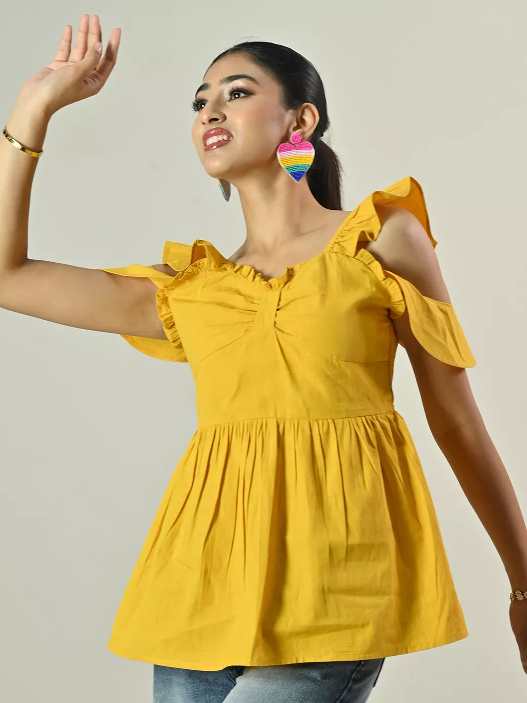 Yellow Frill Sleeve Peplum Top