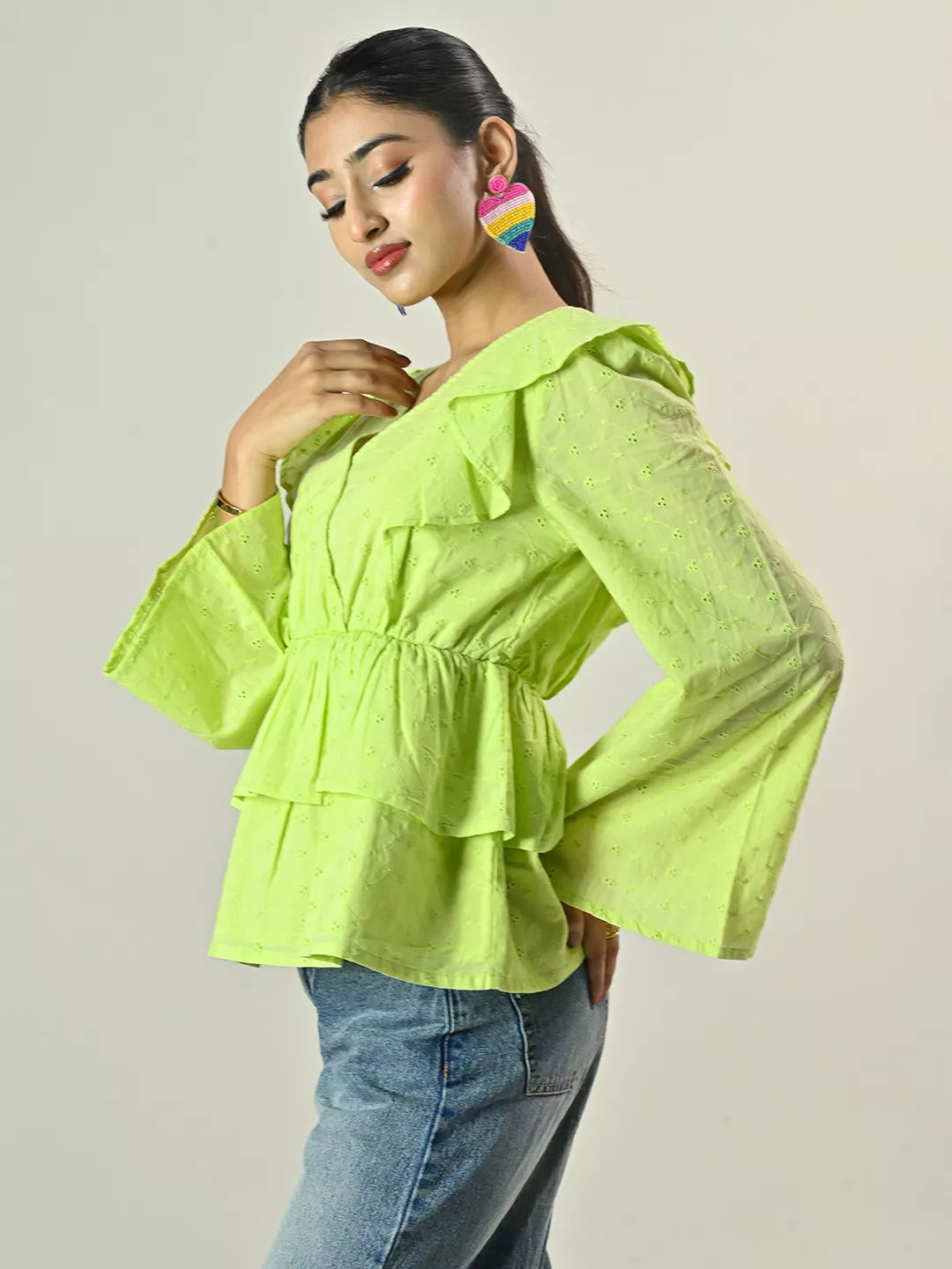 Green Schiffli Peplum Top