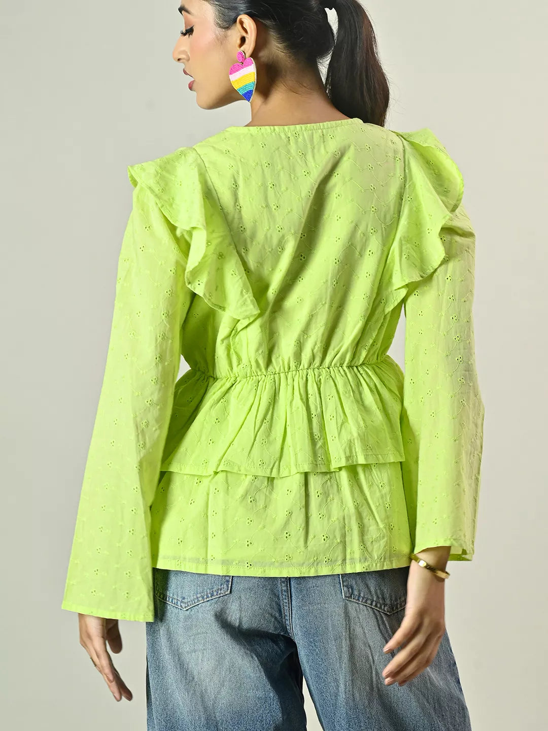 Green Schiffli Peplum Top