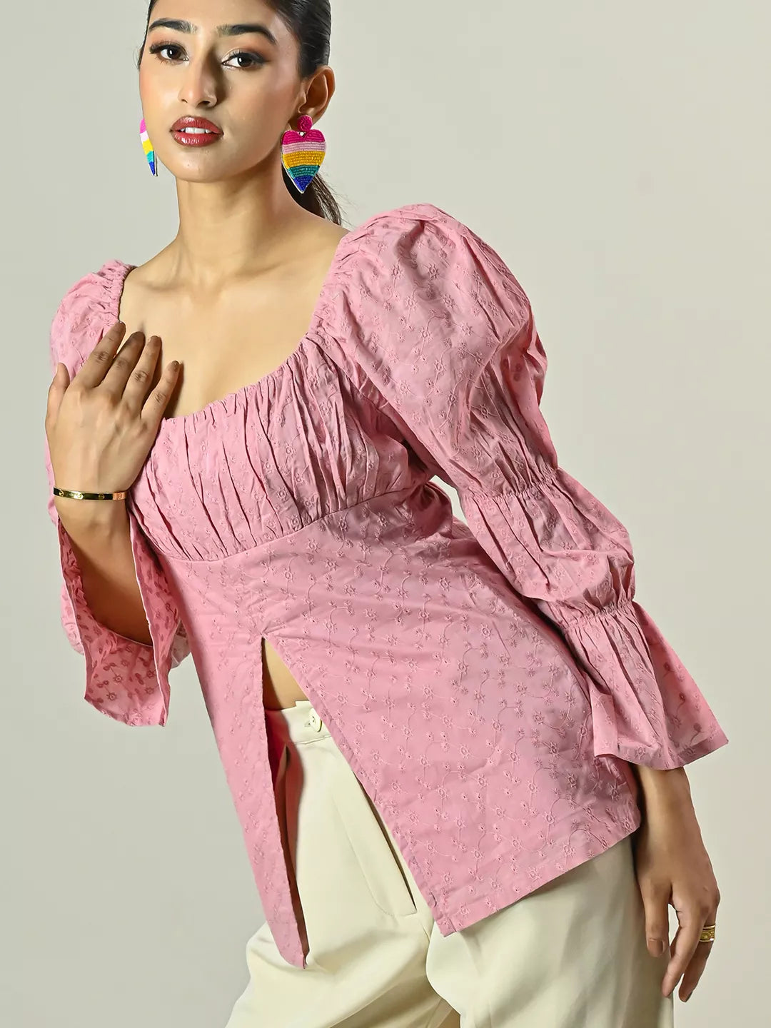Pink Schiffli Peplum Top