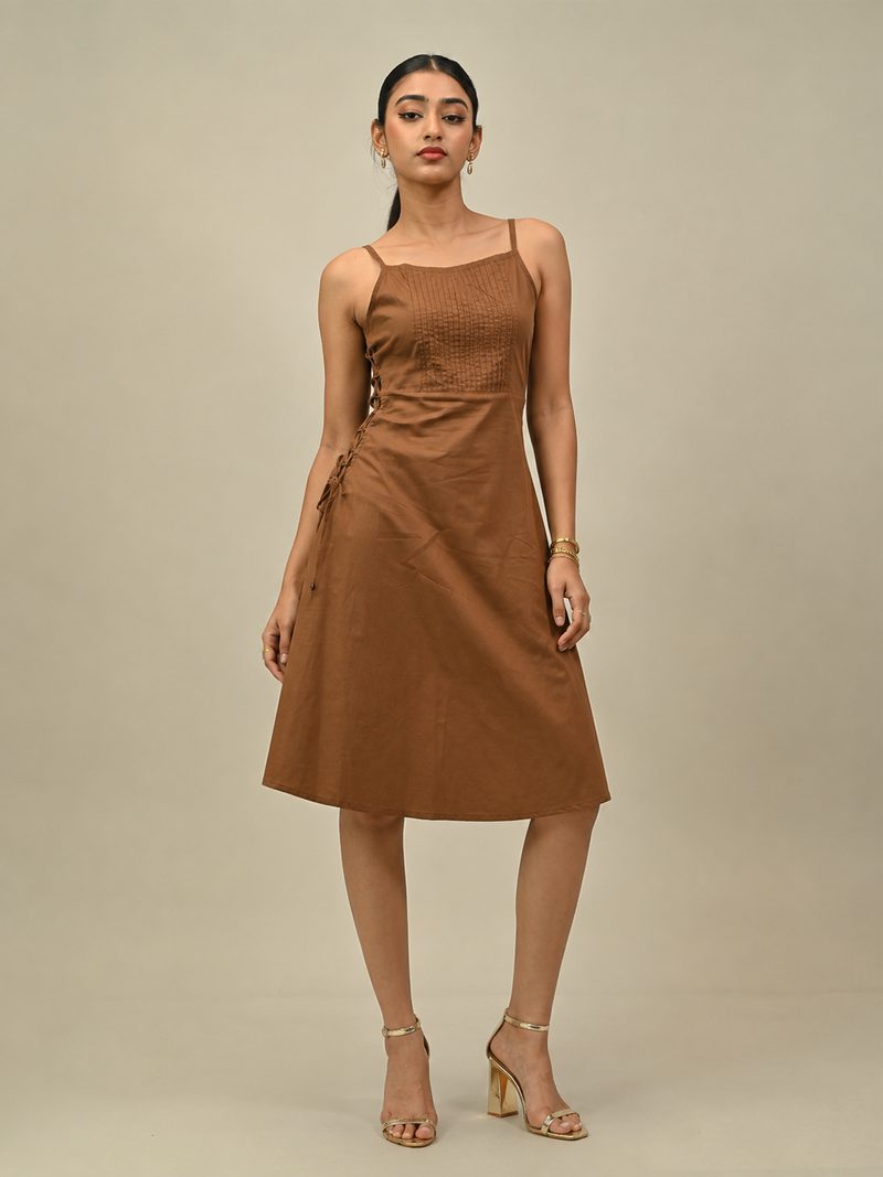 Brown Front Pleated Midi Dress