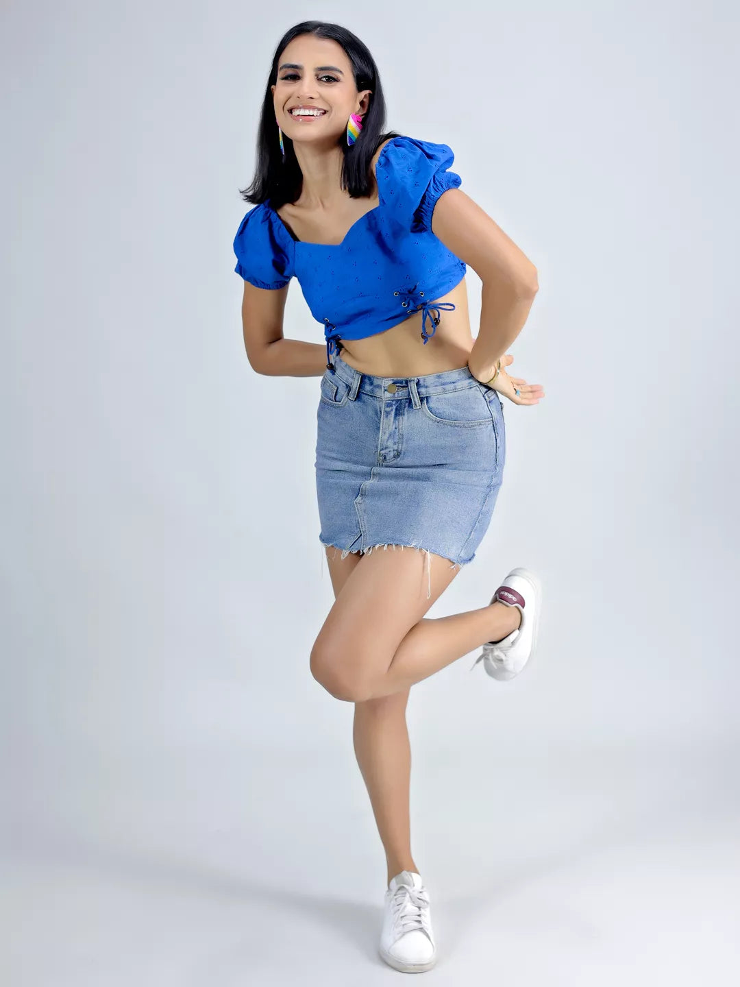 Blue Schiffli Puff Sleeve Crop Top