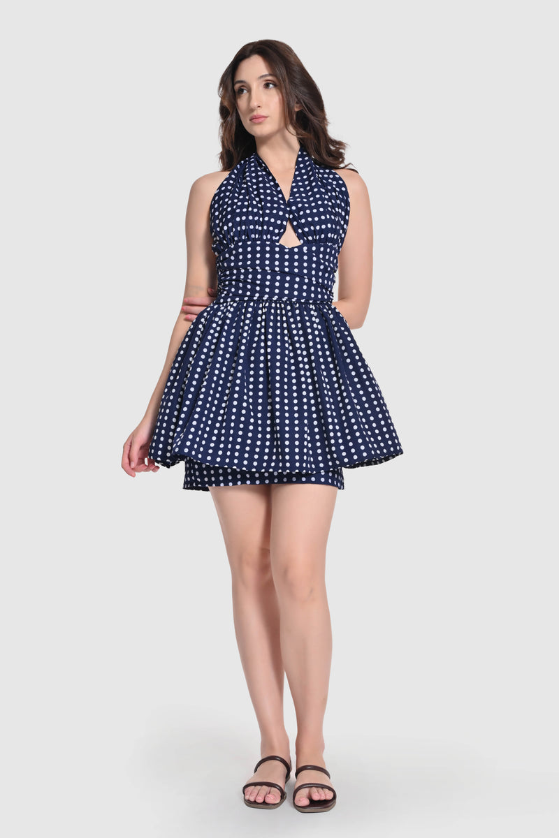 Navy Blue Polka Halter Mini Dress