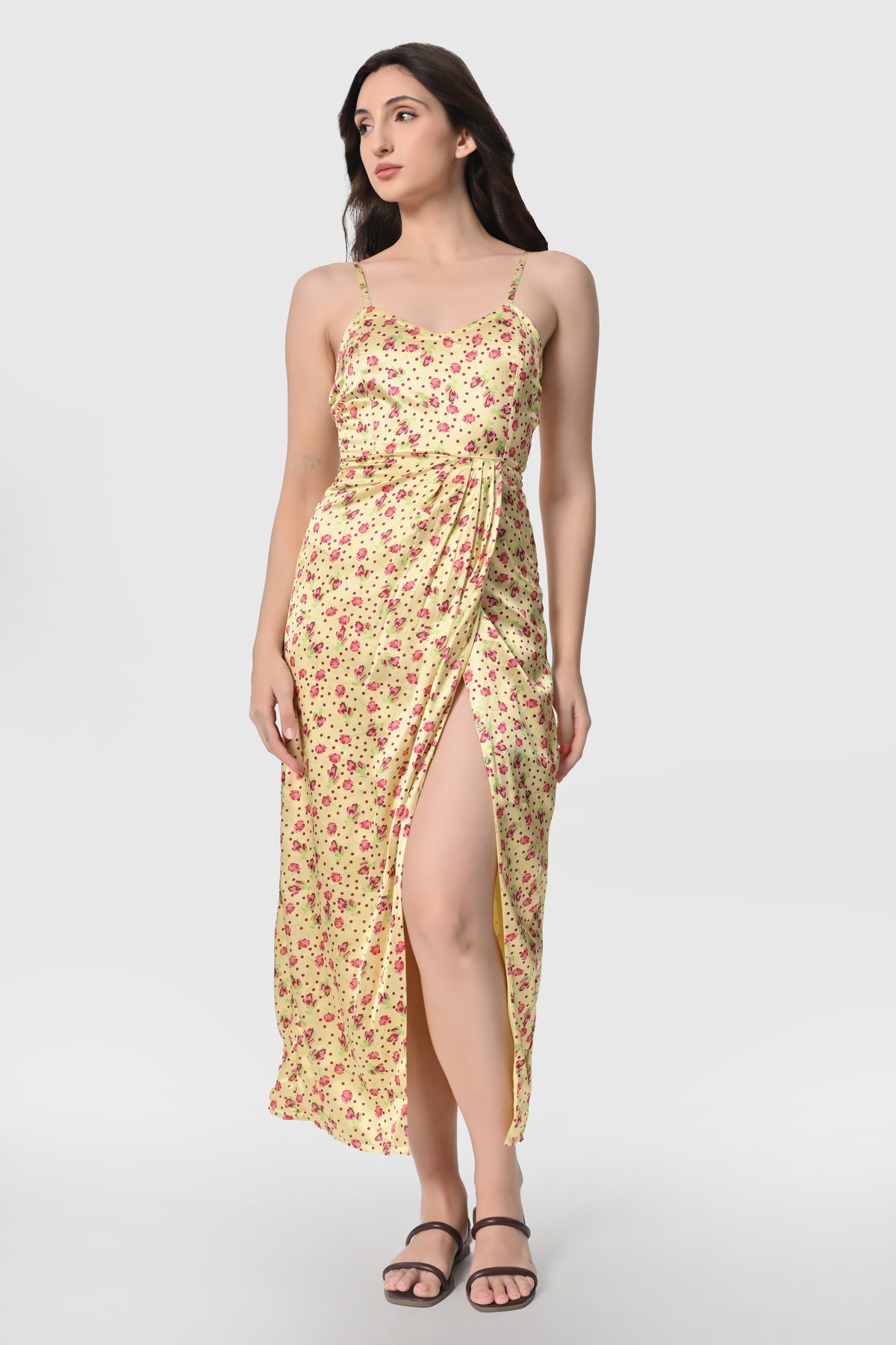 Draped Tulip-Print Maxi Dress