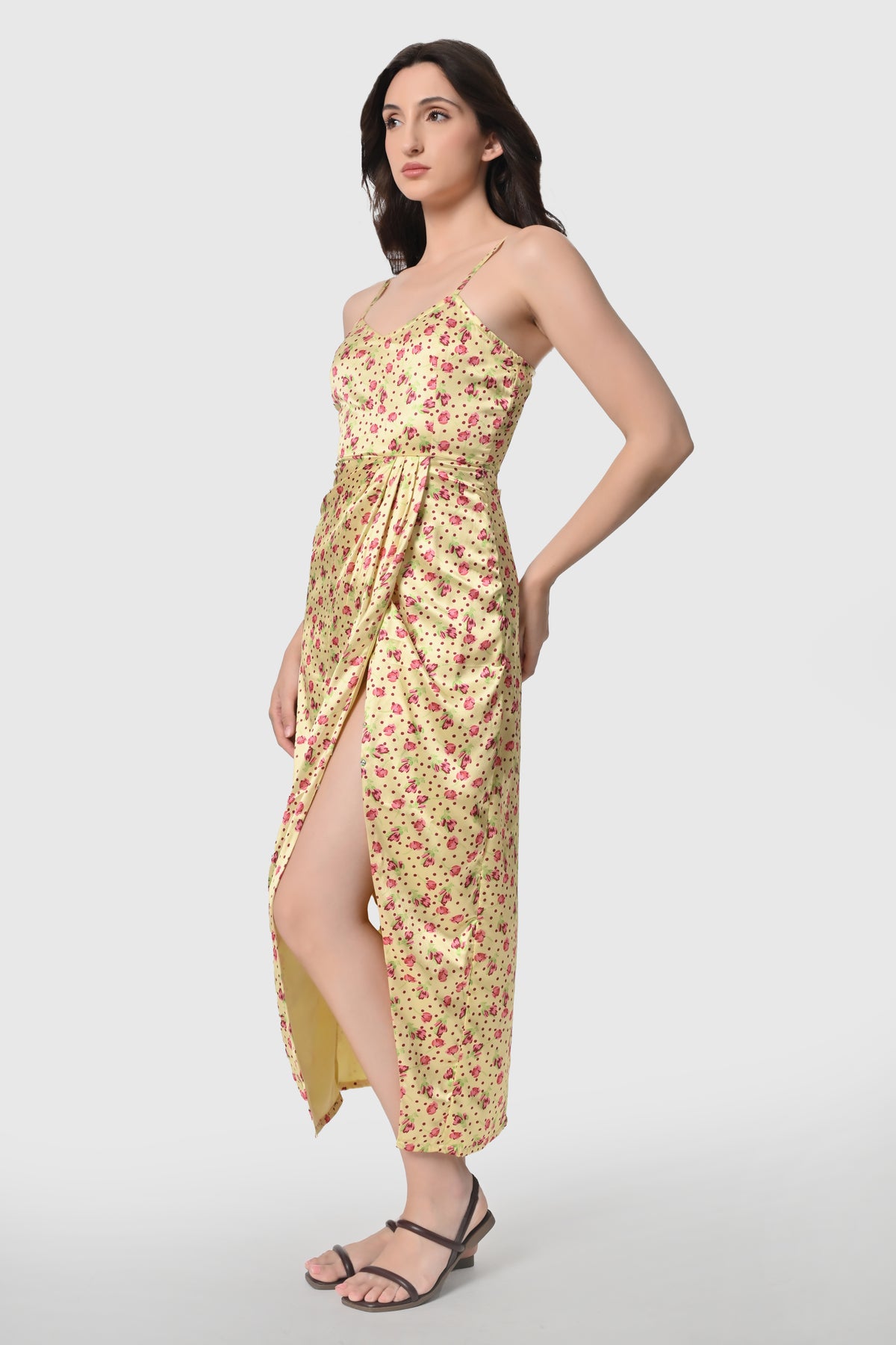 Draped Tulip-Print Maxi Dress