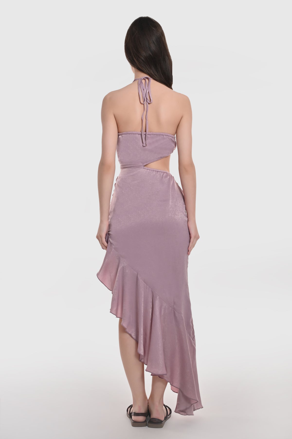 Blush Satin Draped Ruffled Dress