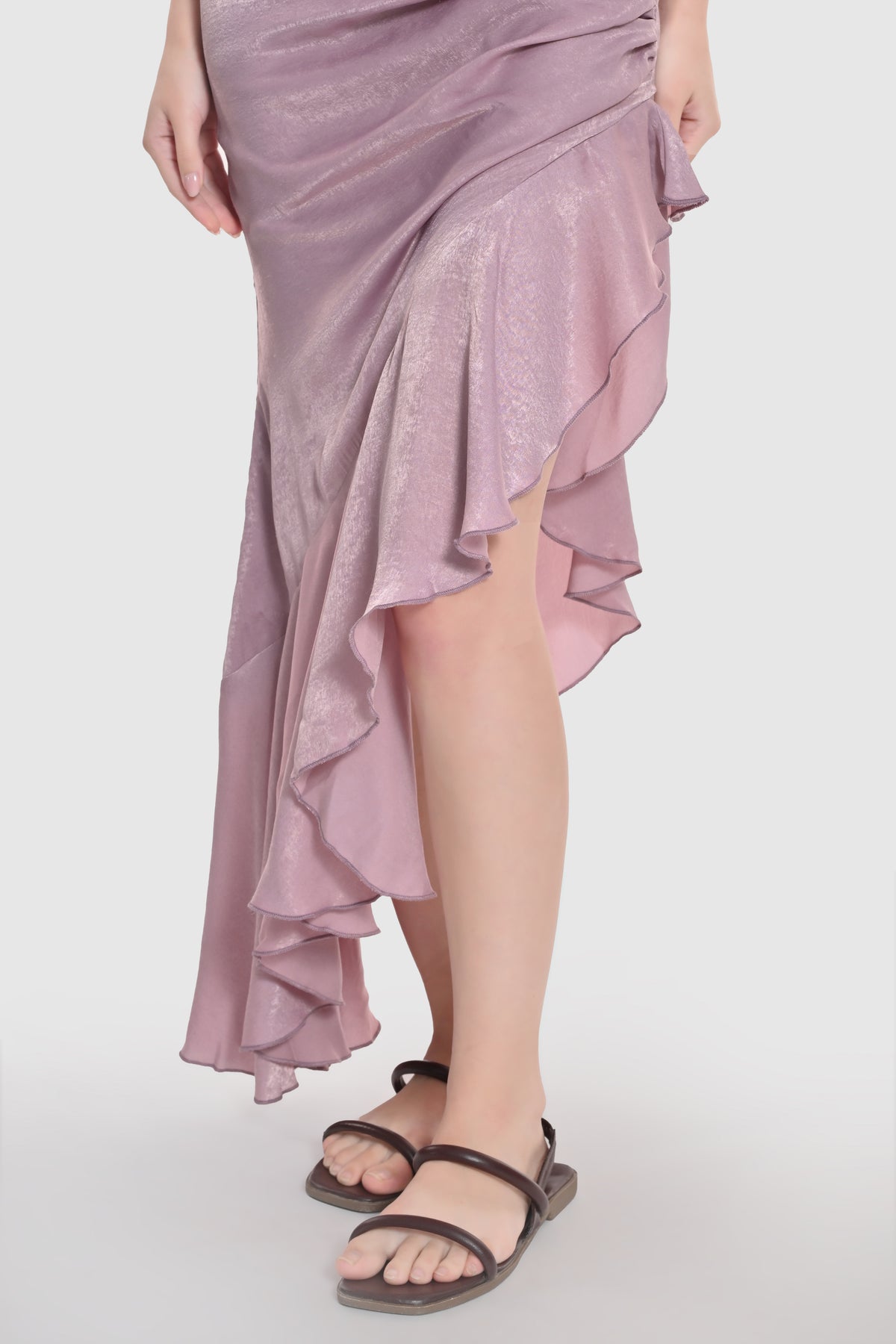 Blush Satin Draped Ruffled Dress