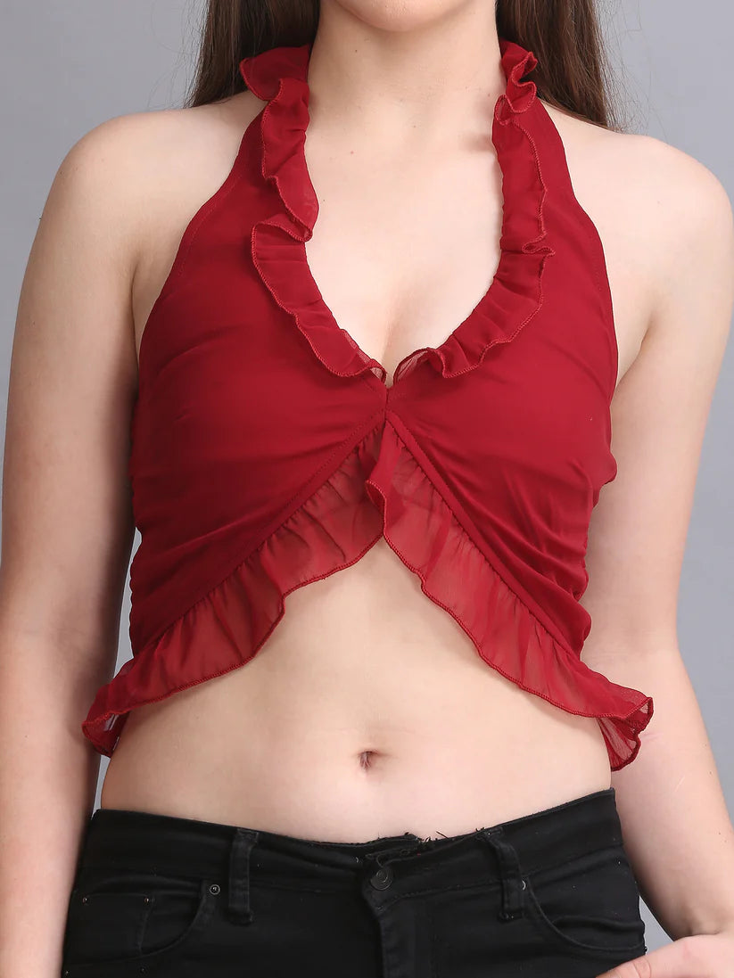 Maroon Halter Neck Crop Top