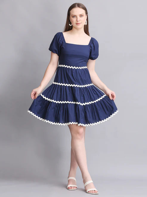 Navy Balloon Sleeve Mini Dress