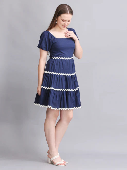 Navy Balloon Sleeve Mini Dress