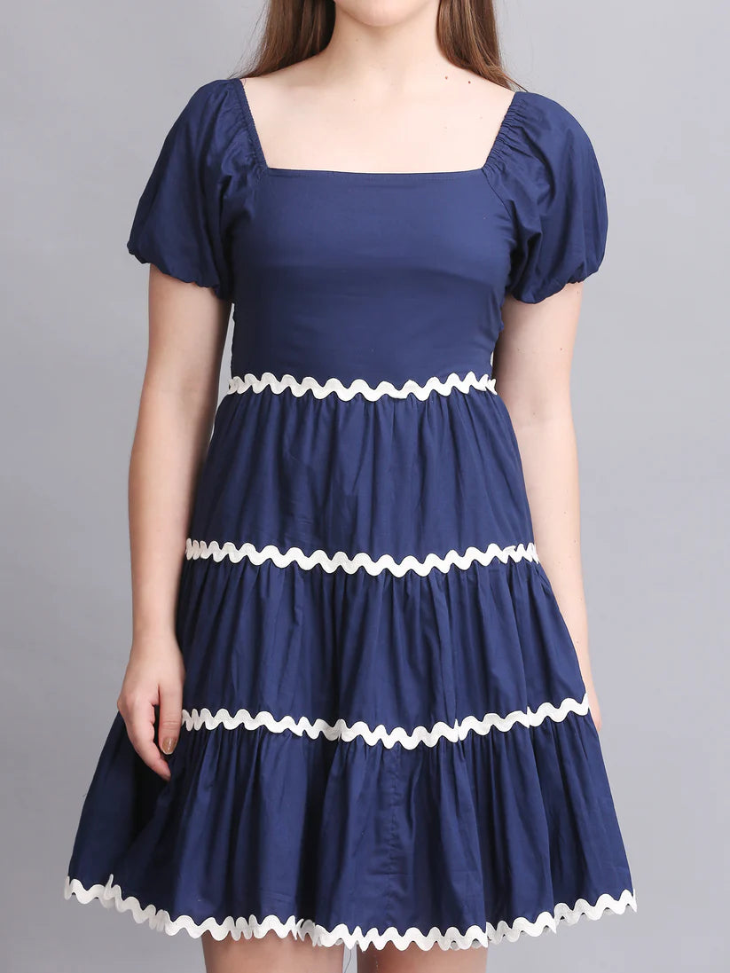 Navy Balloon Sleeve Mini Dress