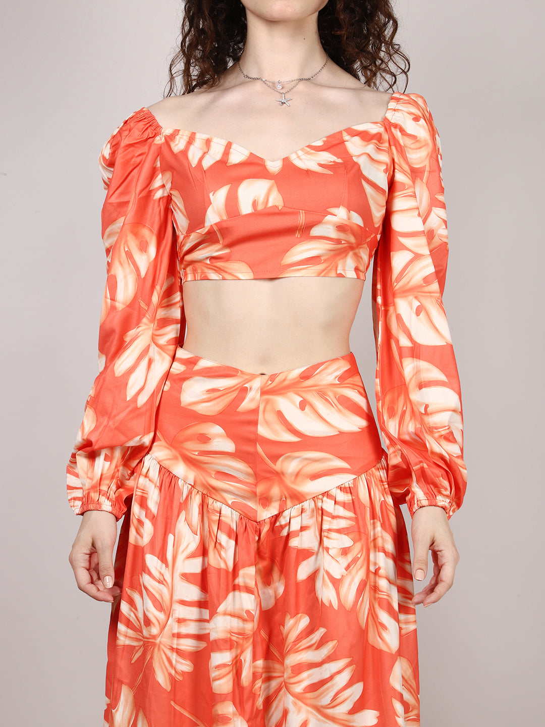 Orange Leaf Print Top With Skirt Cord Set