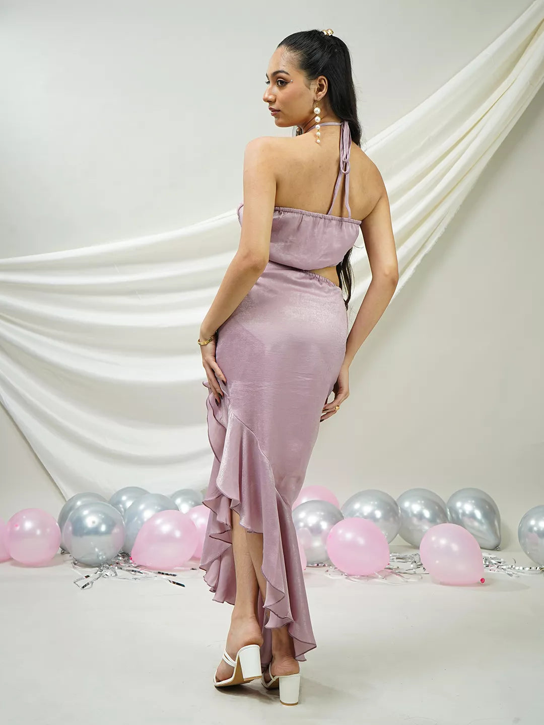 Blush Satin Draped Ruffled Dress
