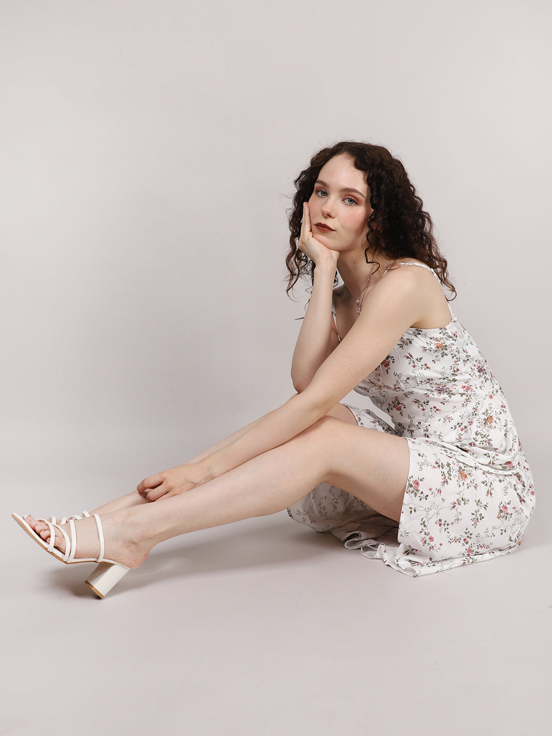 White Ditsy Print Side Rouched Dress