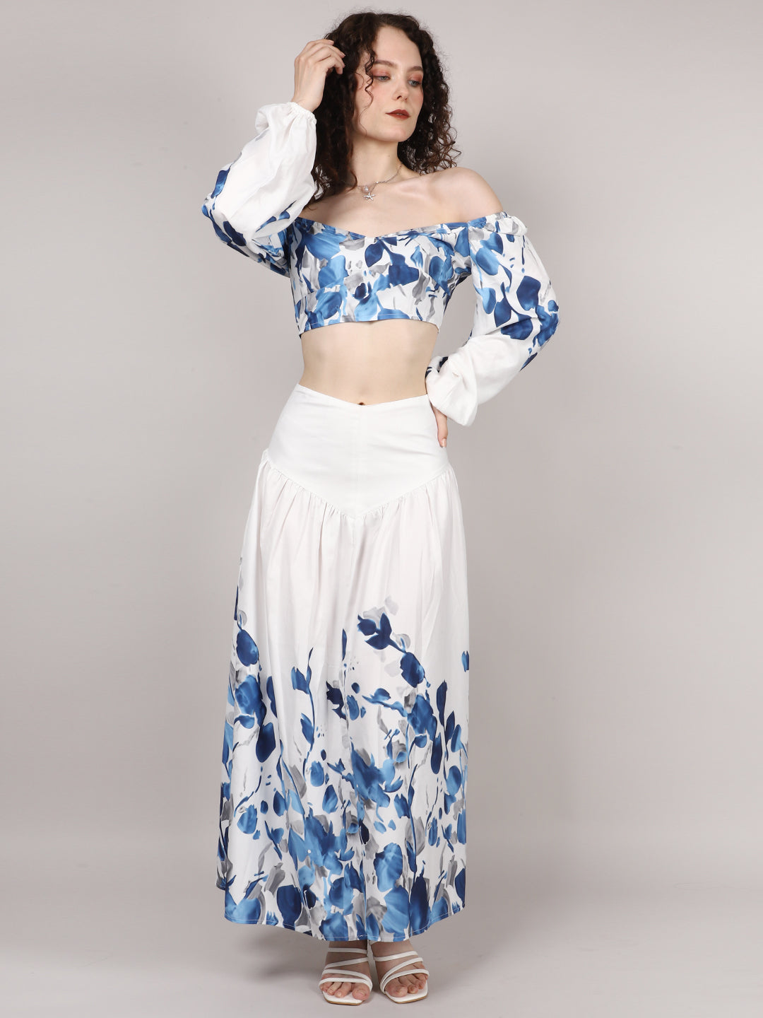 White Leaf Print Top With Skirt Cord Set