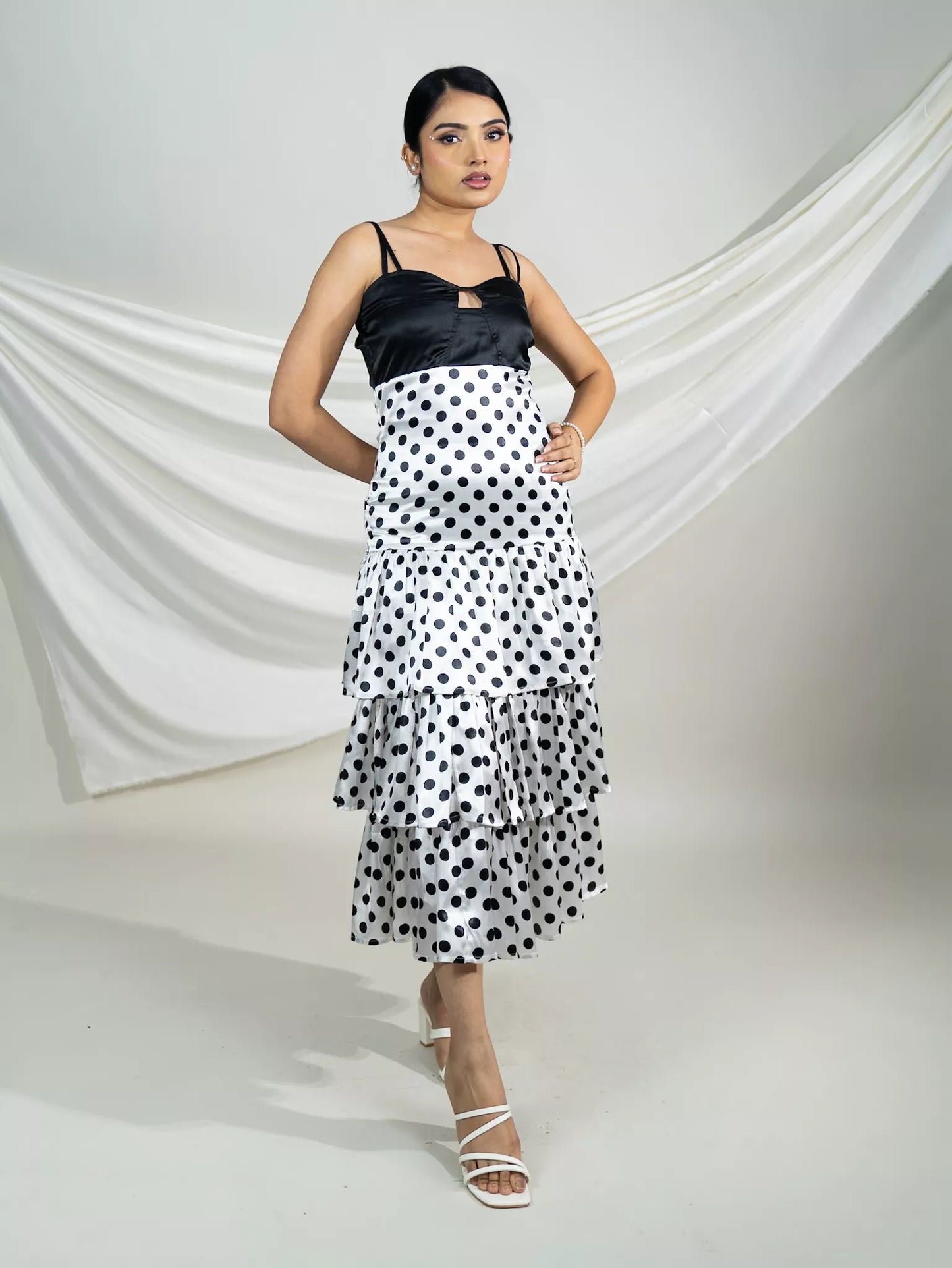 Monochrome Polka Tiered Midi Dress