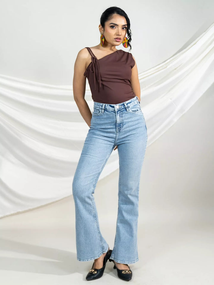 Brown One Shoulder Tie Top