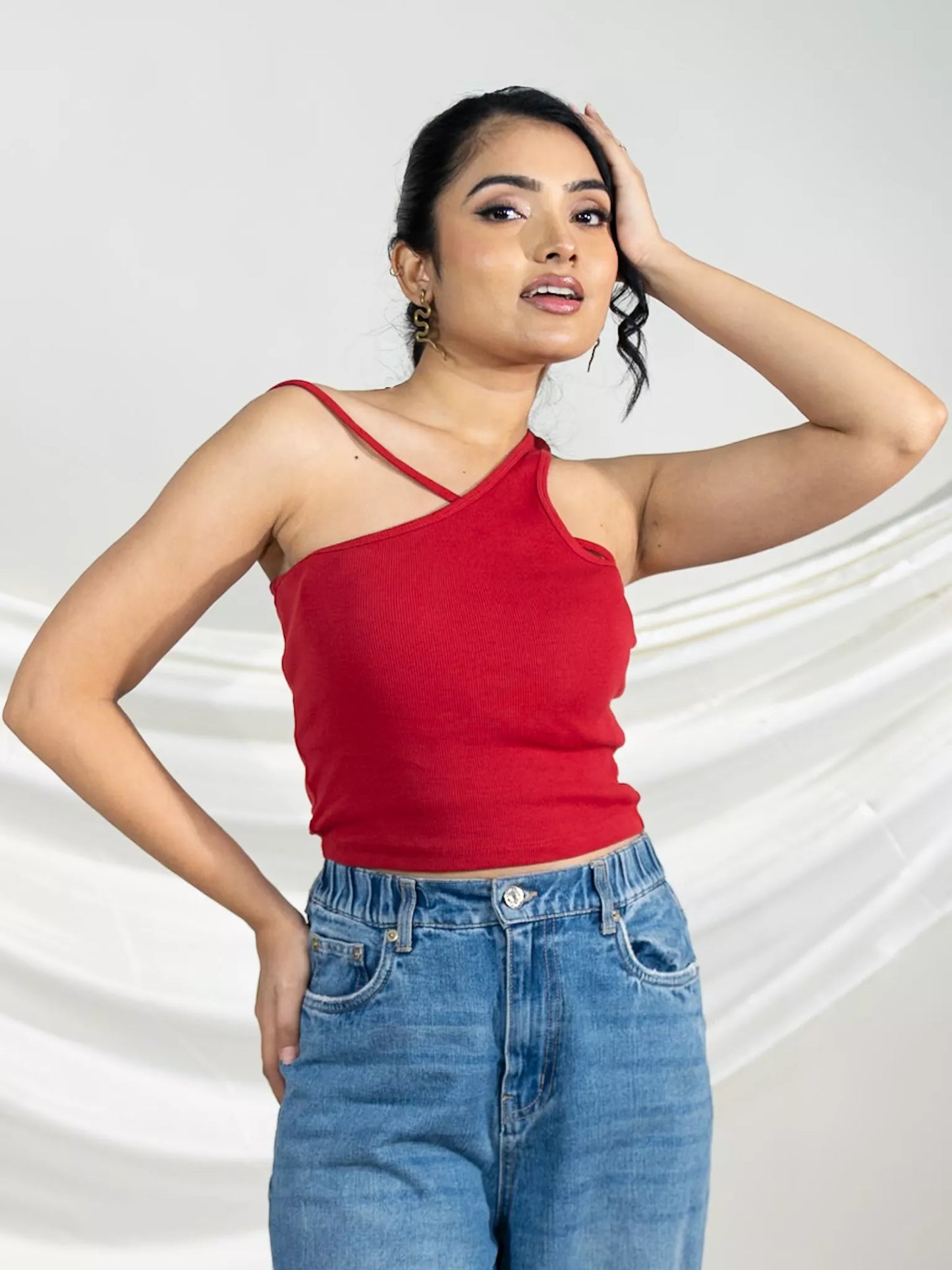 Red One Shoulder Rib Tank Top
